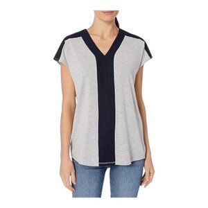 Lysse Womens Yarrow Mixed-Media Top~Size Medium~Grey/Navy Split Back L14 59